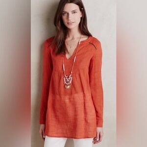 Anthropologie Holding Horses Rust Orange V-Neck Boho Tunic Top